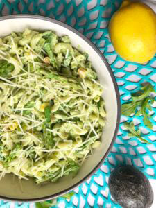 Pasta with Asparagus and Peas in a Creamy Avocado Sauce